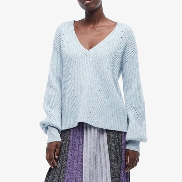 Derek Lam 10 Crosby Sweater Metallic Blue Ribbed V-Neck Bubble Sleeves Small - Picture 1 of 11